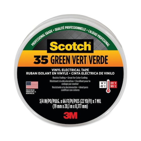 3M Scotch Vinyl Electrical Color Coding Tape, 3" Core, 0.75"x66 ft., Grn 10851-DL-10